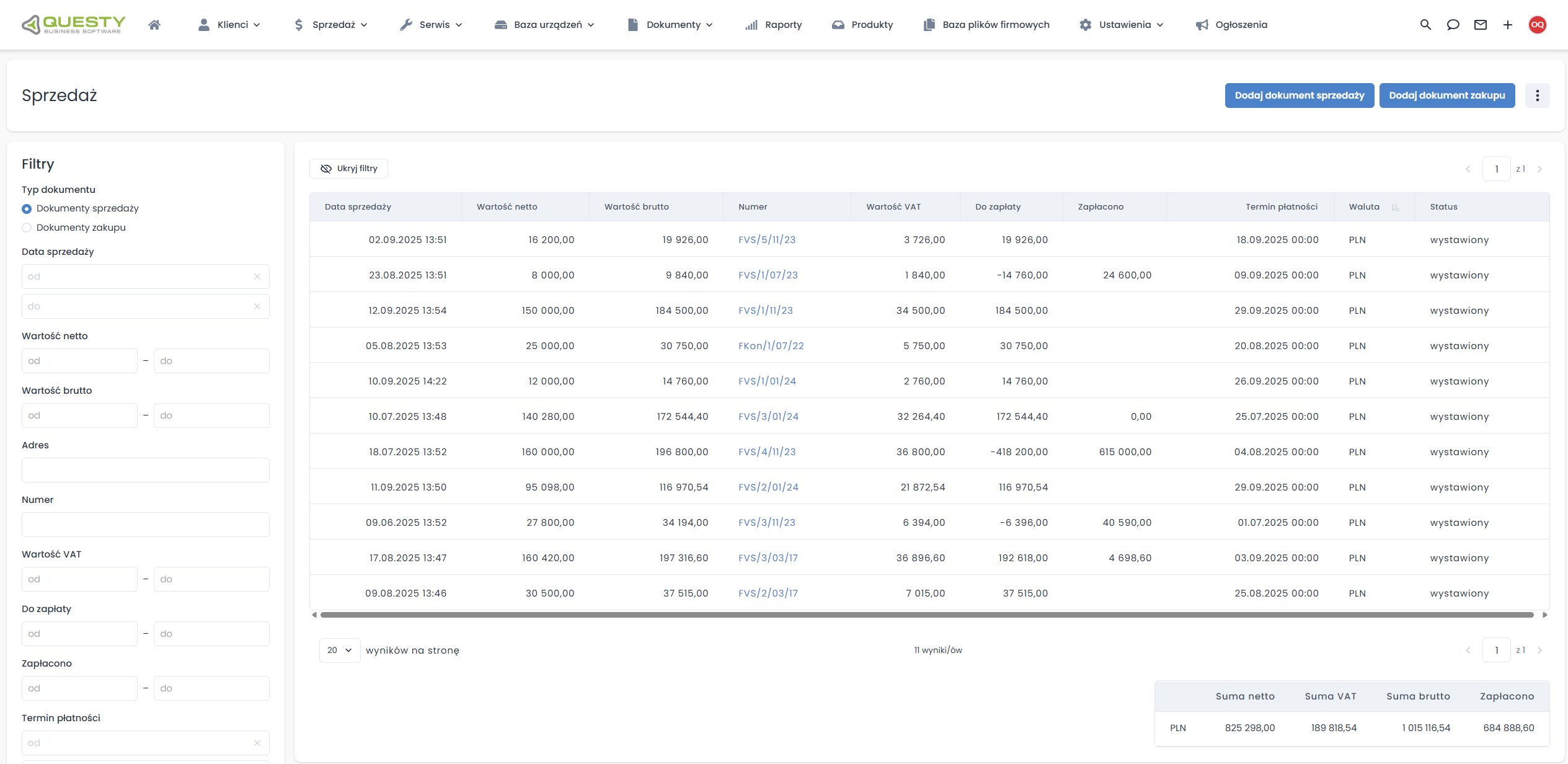 Lista dokumentów sprzedaży